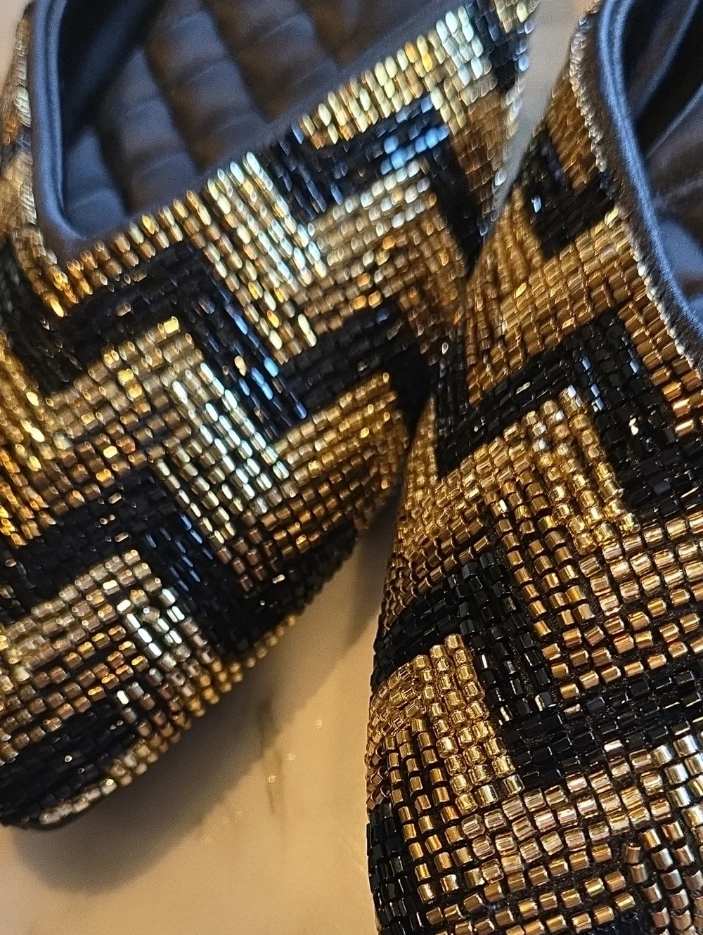 BIRDIES Shoes The SWAN Mules Deco Chevron Metallic Gold Bronze Black Size 8